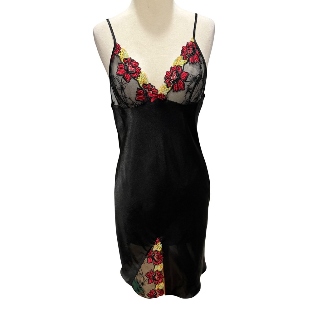 Jasmin Y2K Satin Slip Dress Small Black Red Floral Embroidery Nightwear Lingerie